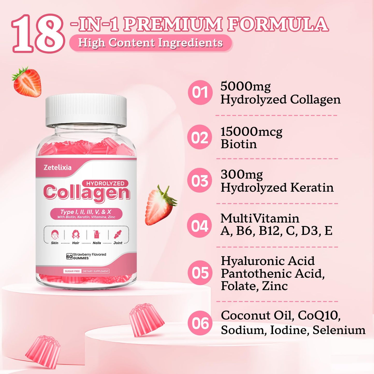 Zetelixia Collagen Gummies, Hydrolyzed Collagen Peptide Type I, II, III, V, X with Biotin, Vitamins C, A, B, D, E for Skin, Hair, Nails, Joints, Immunity, Energy, Digestion, Sugar Free, 120 Gummies