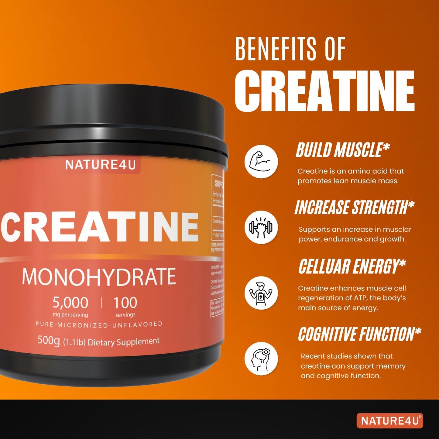 Nature4U Micronized Creatine Monohydrate Powder 17.637 oz