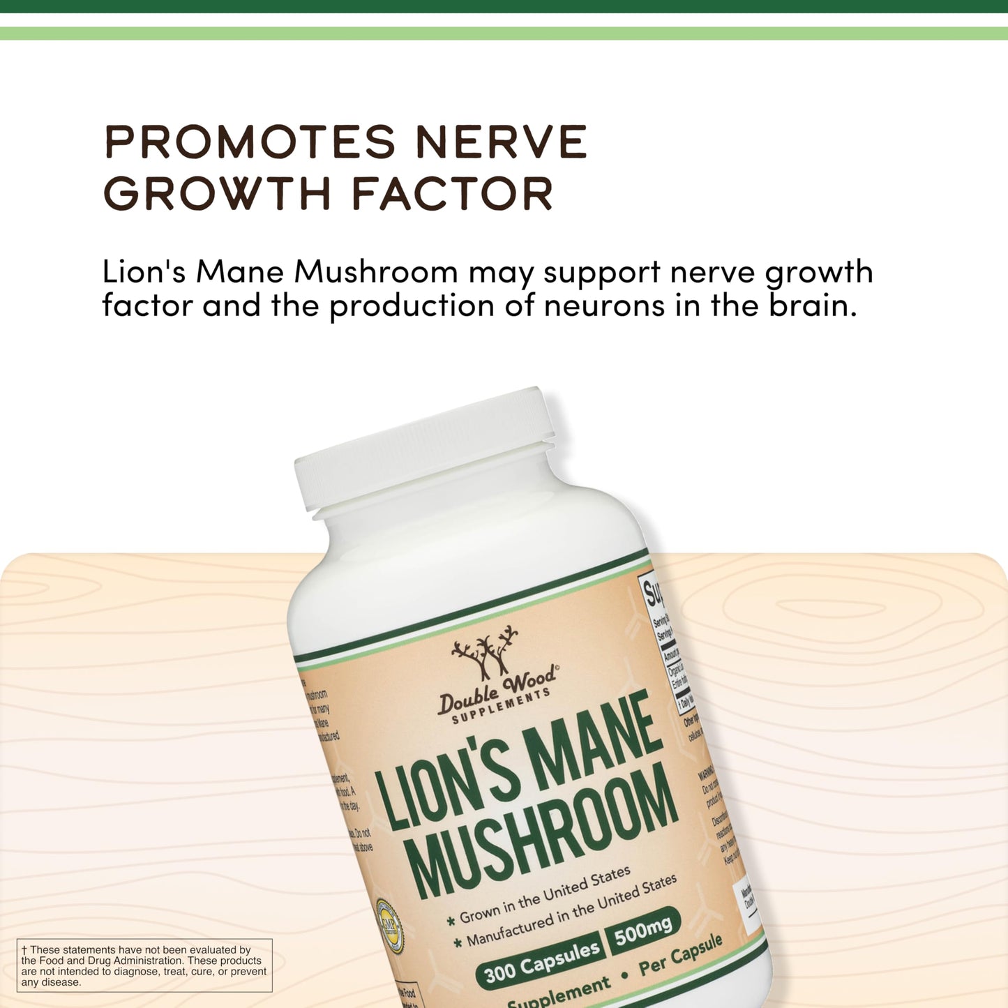 Double Wood Supplements Organic Lions Mane Mushroom Capsules, 300 Count