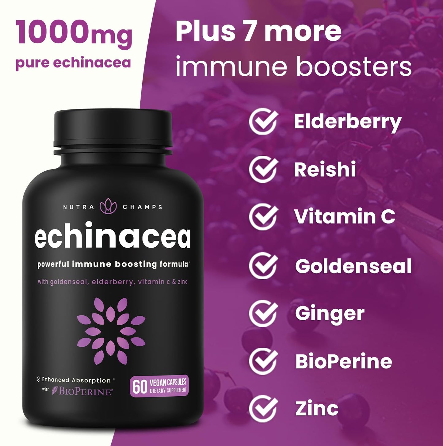 NutraChamps Echinacea 1000mg Capsules, 60 Count