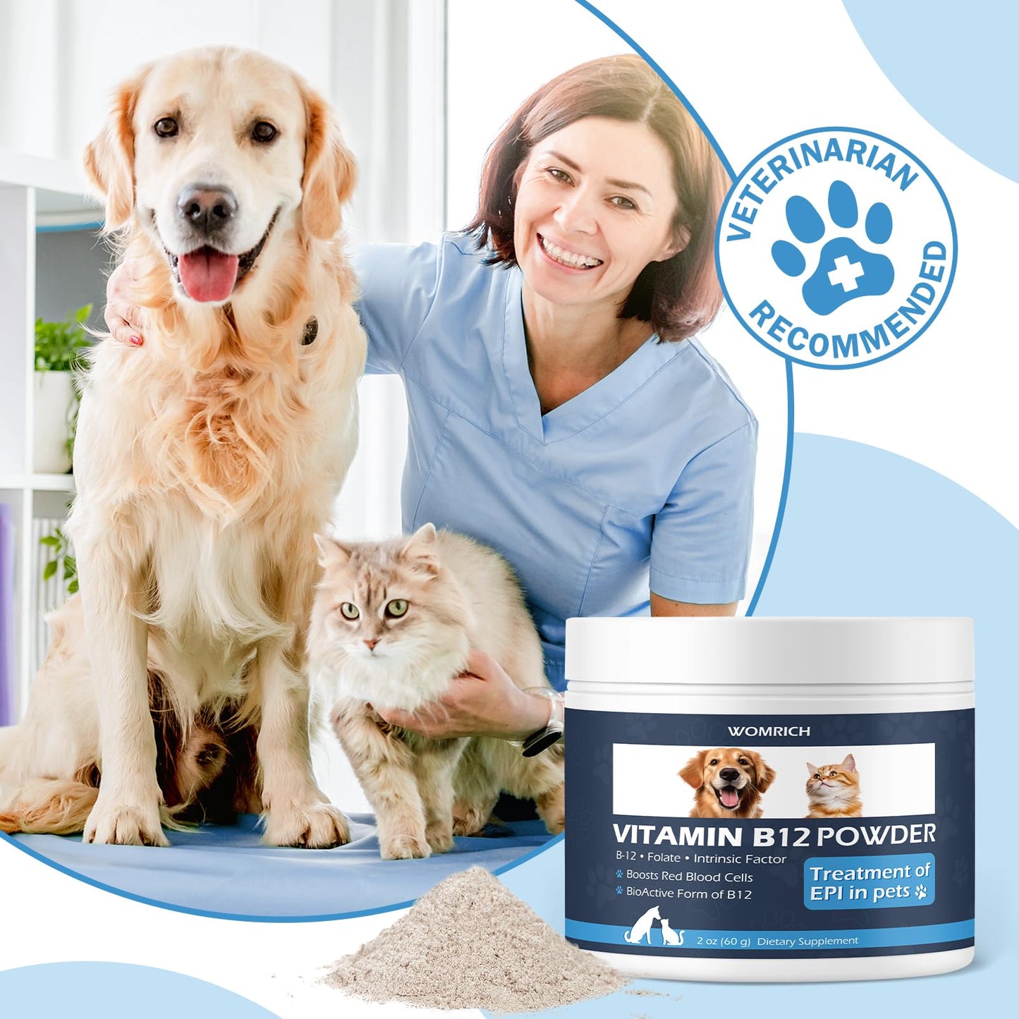 WOMRICH Vitamin B12 Powder for Cats & Dogs, Methylcobalamin with Folate and Intrinsic Factor, 60 g