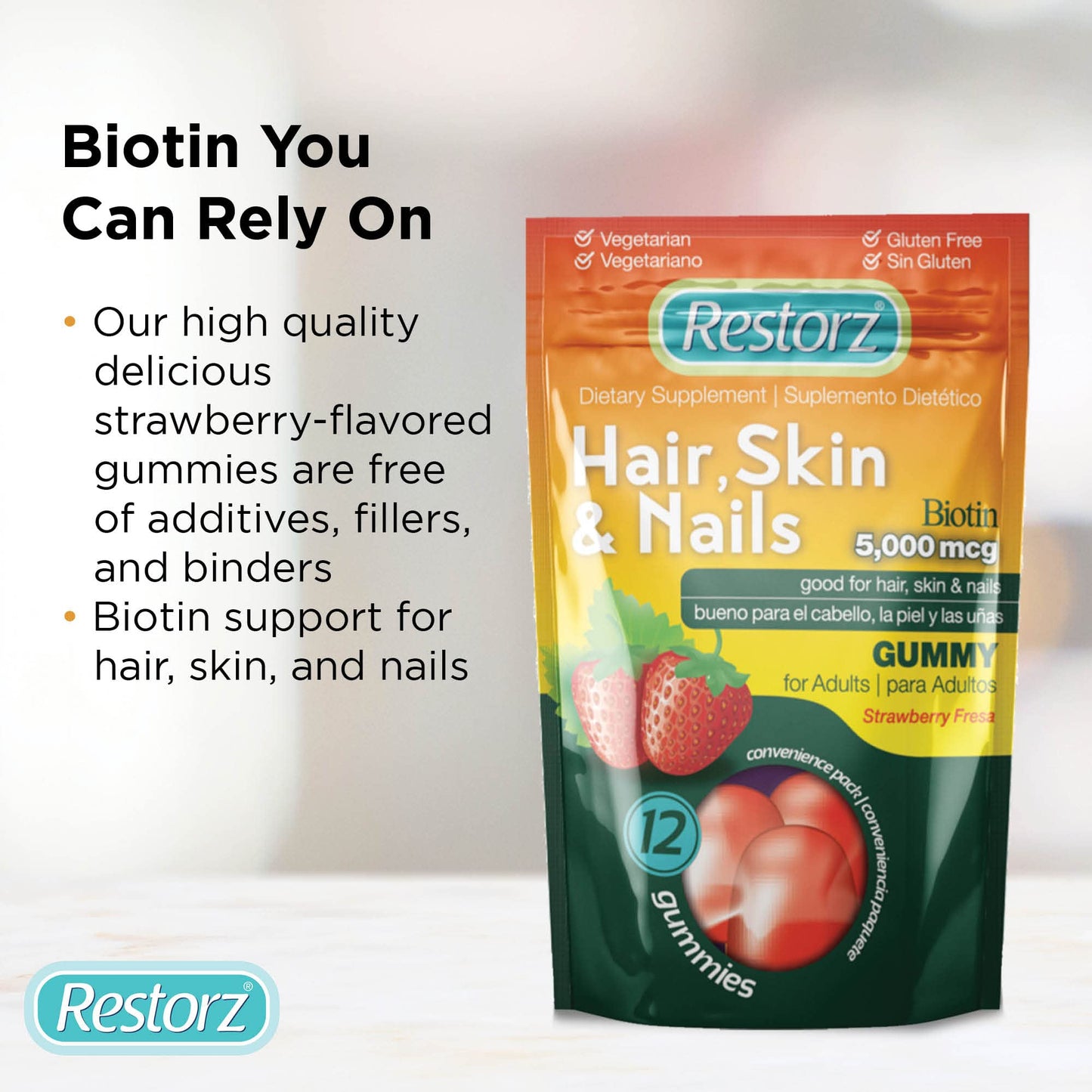 Restorz Biotin Gummy Vitamins for Hair, Skin, and Nails, Strawberry Flavor, 12-Pack