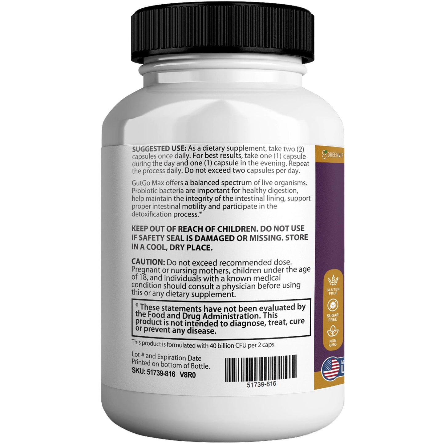 GREENVIFY GutGo Max Probiotic Supplement Capsule, 60 Capsules, 40 Billion CFU, Maximum Strength, Gluten Free, Sugar Free
