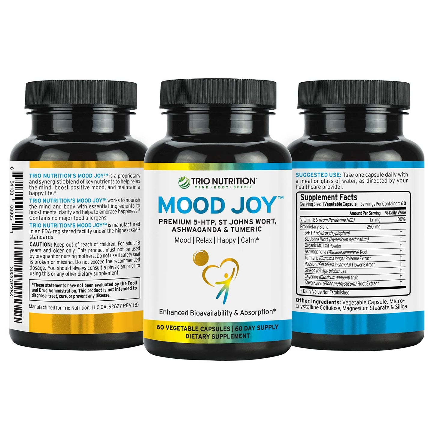 TRIO NUTRITION Mood Joy Turmeric & Ashwagandha Supplement with 5-HTP 60 Capsules