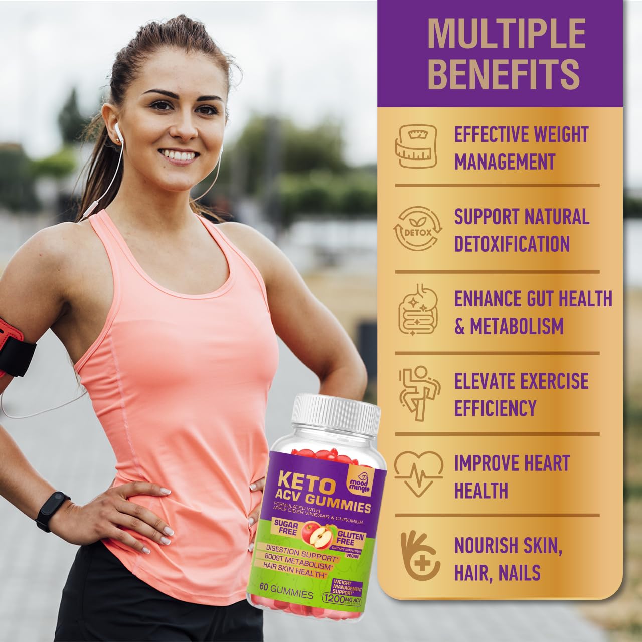 Mood Mingle Keto ACV Gummies for Advanced Weight Loss, Gluten & Sugar-Free Apple Cider Vinegar Rapid Fat Burner Diet Supplement for Women Men, 60 Gummies