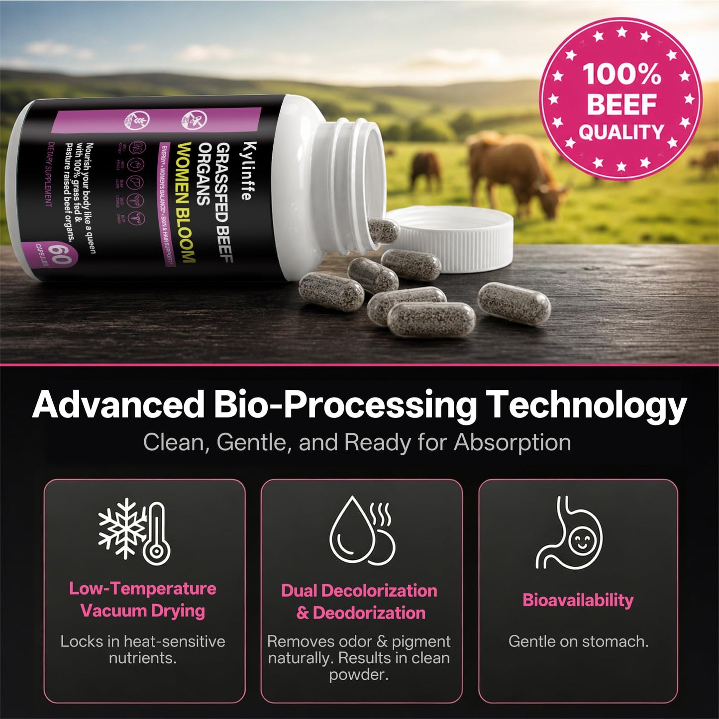 Oopeatol 5-in-1 Beef Organ Supplement for Women, Supports Feminine Energy, & Daily Wellness, Grass Fed Beef Organs, Freeze Dried, Third Party Tested & Non GMO, Capsules, 60 Count