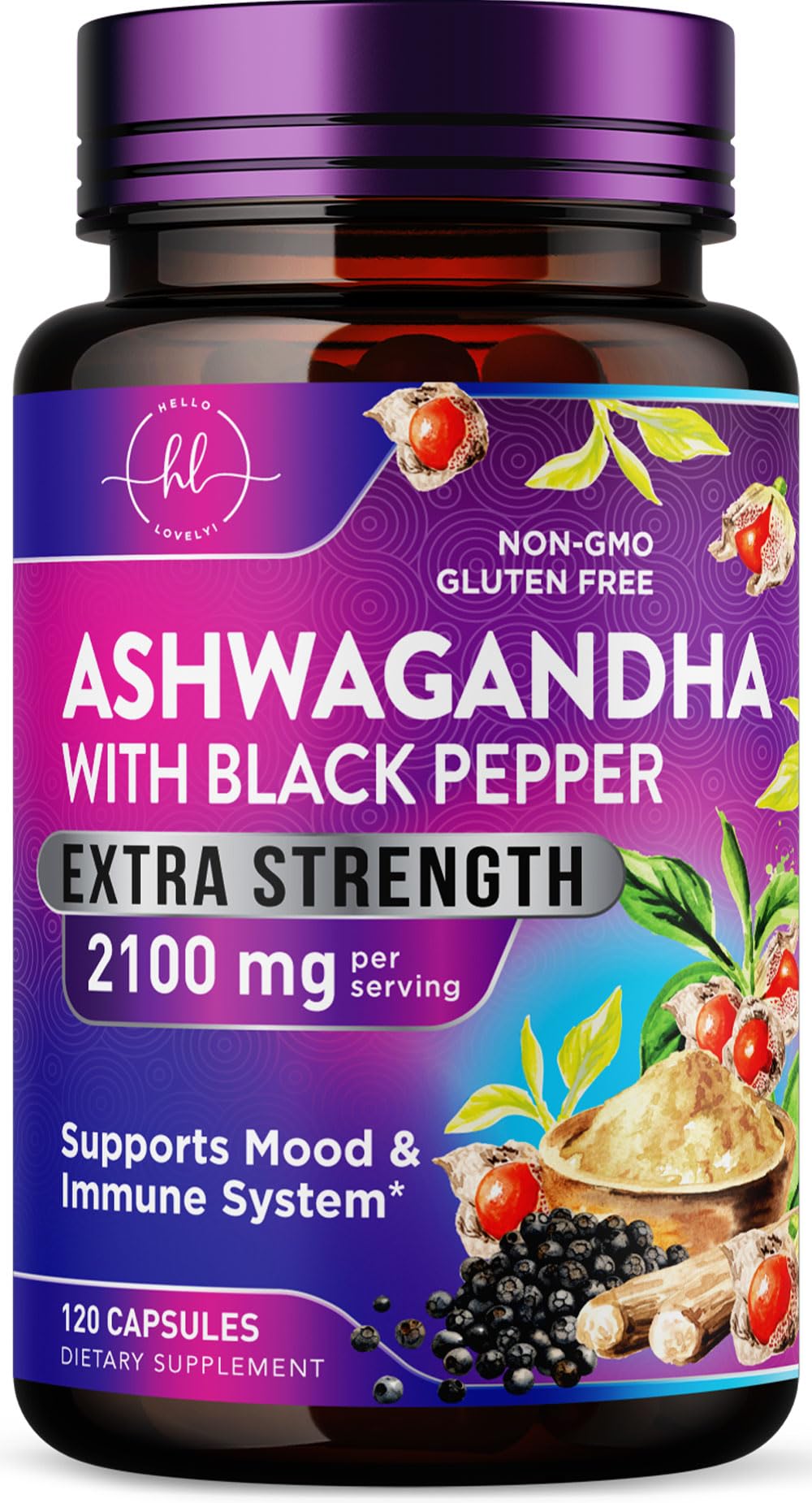 Hello Lovely! Ashwagandha Supplements for Women - Extra Strength Capsules with Black Pepper Extract - Plant Powder & Root Extract, Non-GMO, 120 Capsules