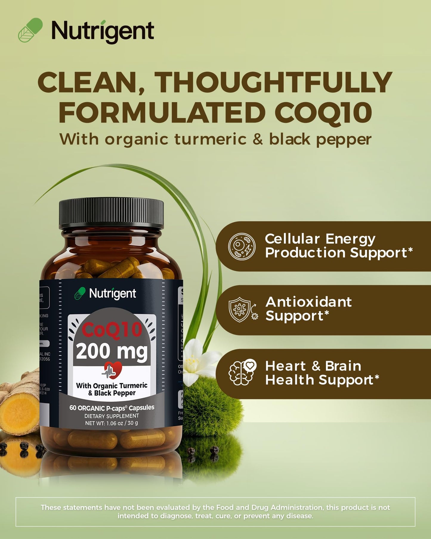 Nutrigent CoQ10 200mg Capsules with Organic Turmeric & Black Pepper, Antioxidant Support for Heart & Brain Health, Cellular Energy Production, Clean Label Formula, 60 Capsules