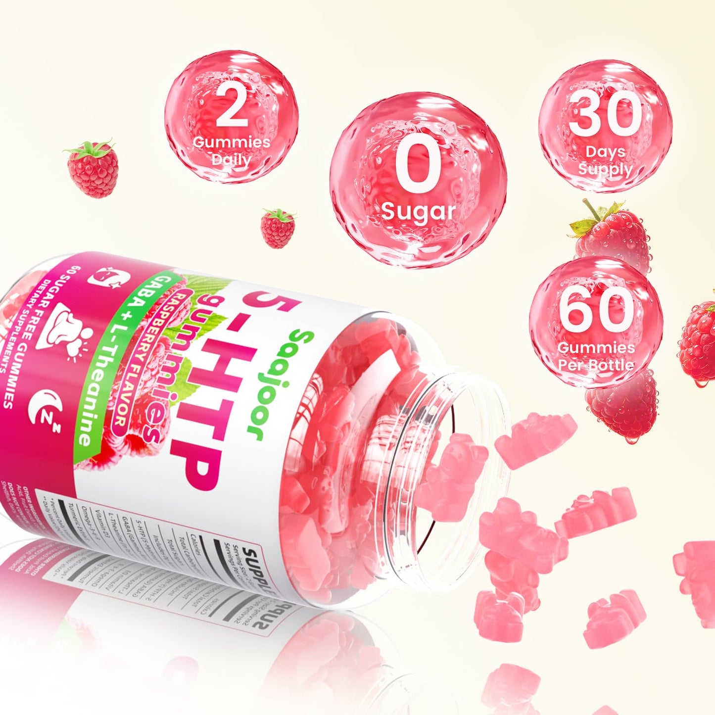 Saajoor 5-HTP 300mg with GABA + L-Theanine & Vitamin D3, 60 Gummies