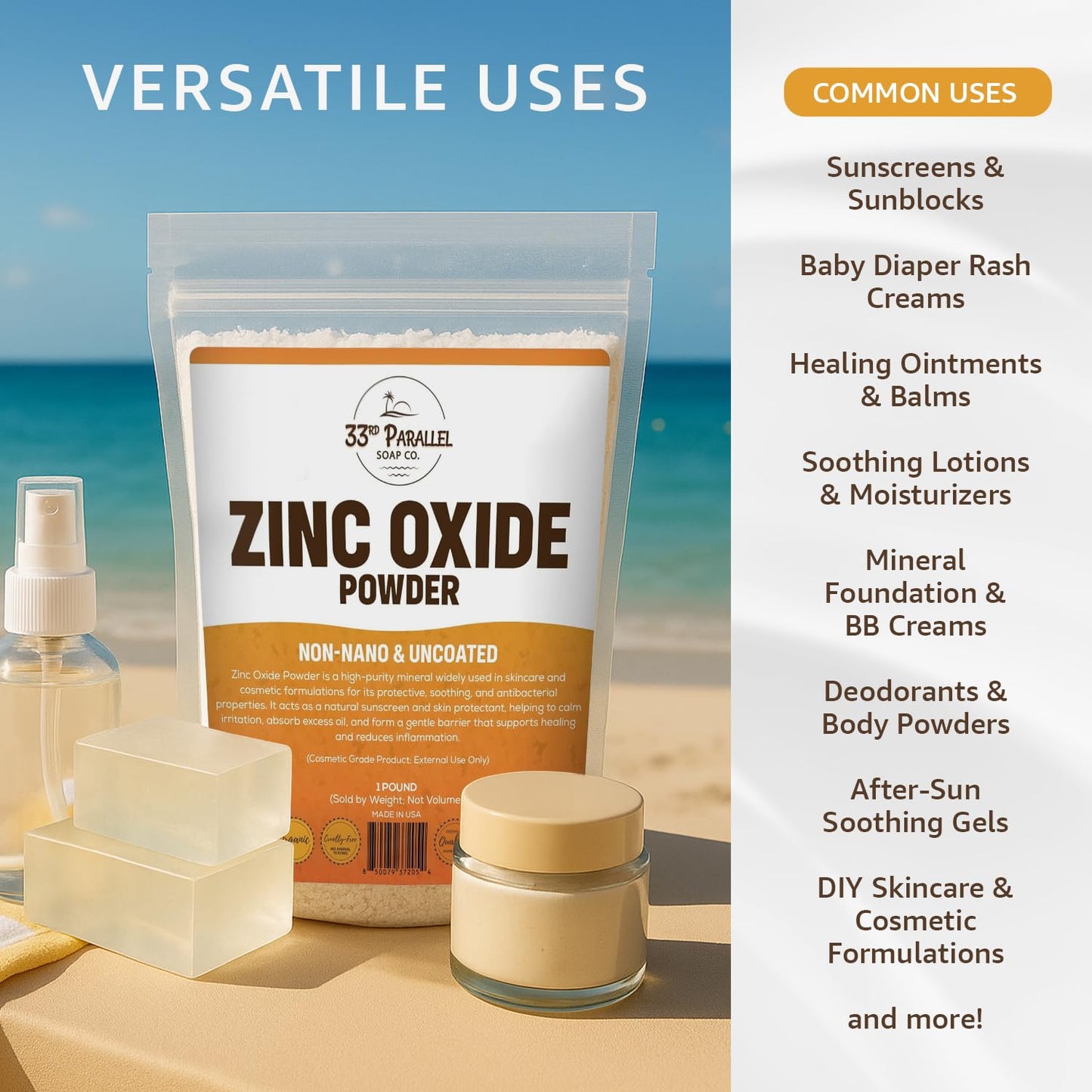 33RD PARALLEL SOAP CO. Zinc Oxide Powder USP Grade Non-Nano & Uncoated, 80 Ounces