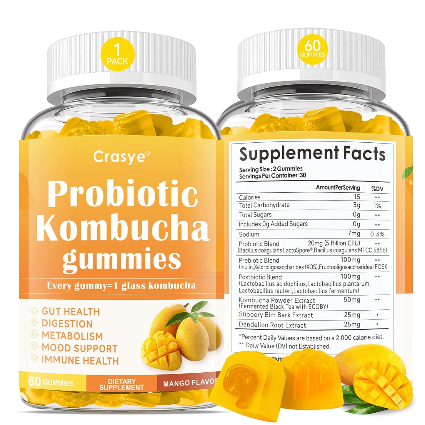 Crasye Probiotic Kombucha Gummies Sugar Free Prebiotic Postbiotic Probiotics with Slippery Elm for Women and Men, Gut Health & Immune Support, 60 Gummies