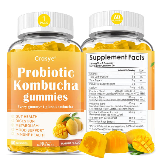 Crasye Probiotic Kombucha Gummies Sugar Free Prebiotic Postbiotic Probiotics with Slippery Elm for Women and Men, Gut Health & Immune Support, 60 Gummies