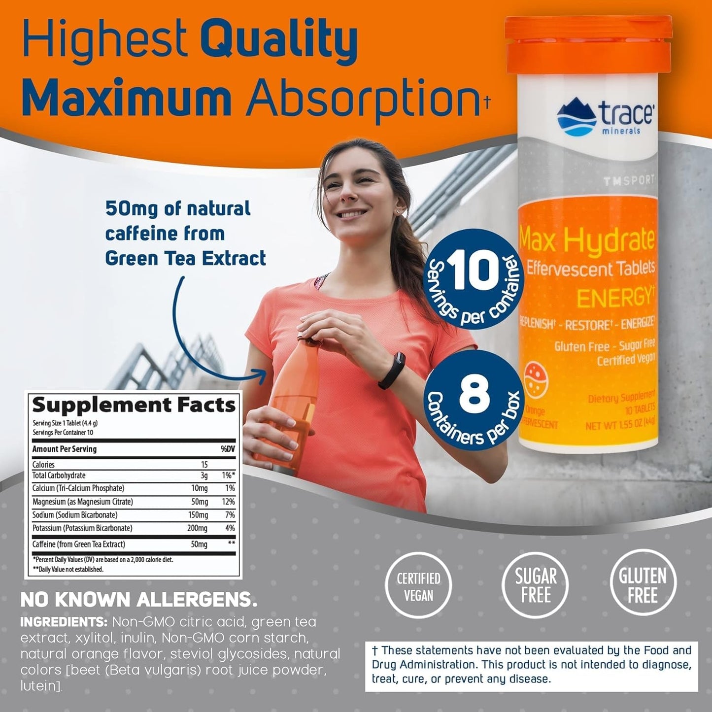 Trace Minerals Max-Hydrate Energy Electrolyte Tablets, Orange Flavor, 8 Count
