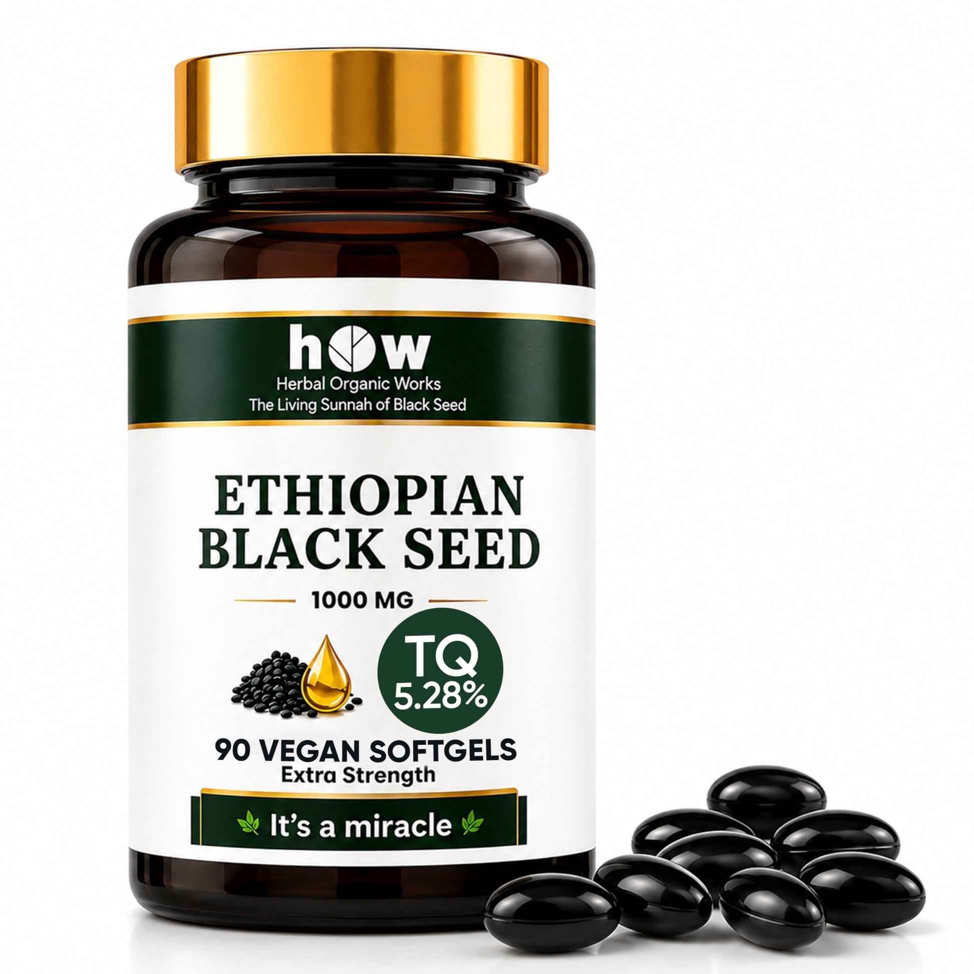 Herbal Organic Works Ethiopian Black Seed Oil Softgels 1000mg 5.28% TQ Cold Pressed, 90 Softgels