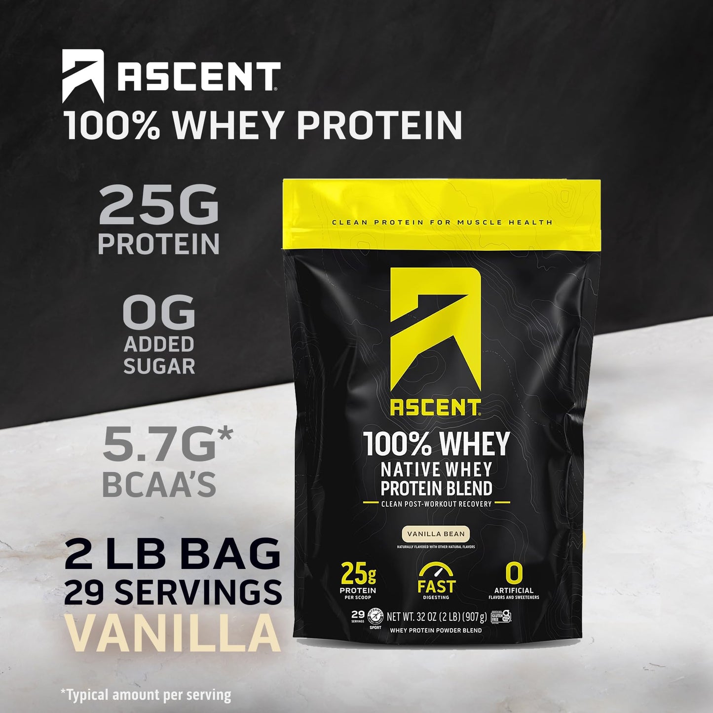 Ascent 100% Whey Protein Powder Vanilla Bean, 32 Servings