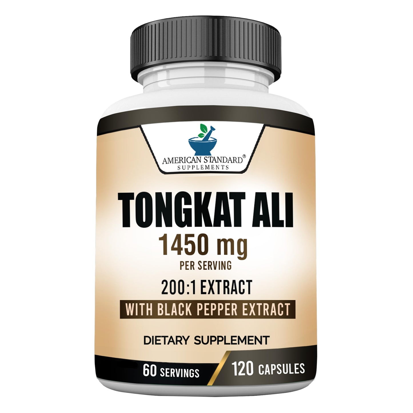 American Standard Supplements Tongkat Ali Extract 200:1 – 1450mg Per Serving with Black Pepper Fruit Extract Capsules, 120 Count