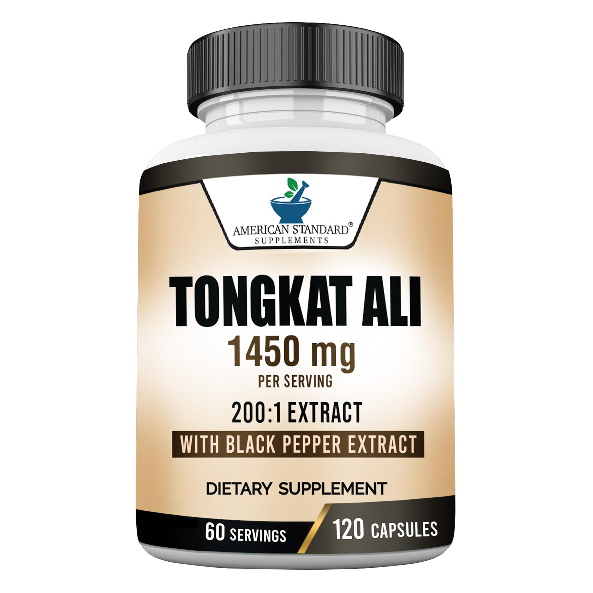 American Standard Supplements Tongkat Ali Extract 200:1 – 1450mg Per Serving with Black Pepper Fruit Extract Capsules, 120 Count