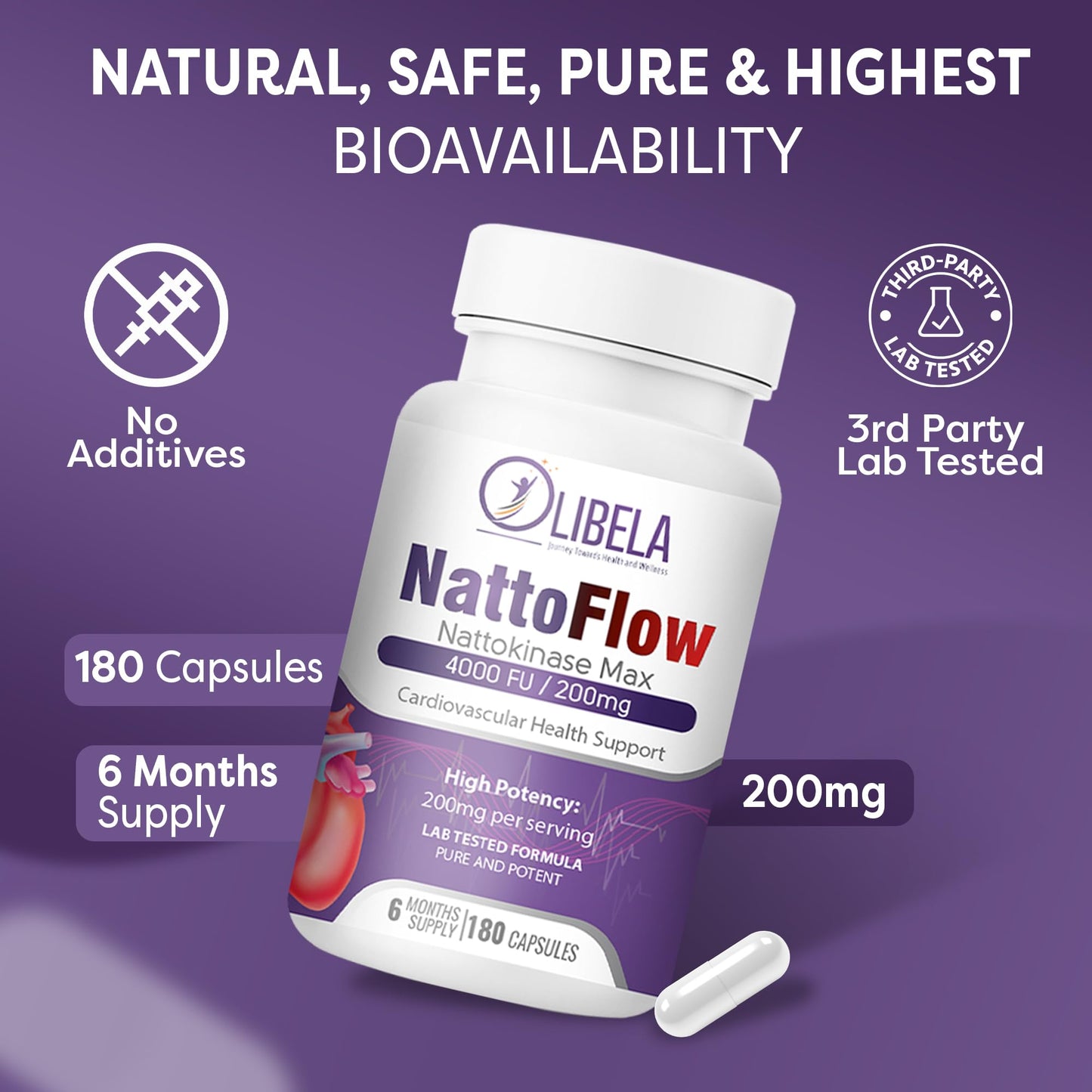 OLIBELA Nattokinase 4000 FU Capsules, 180 Capsules, Non-GMO, Vegan
