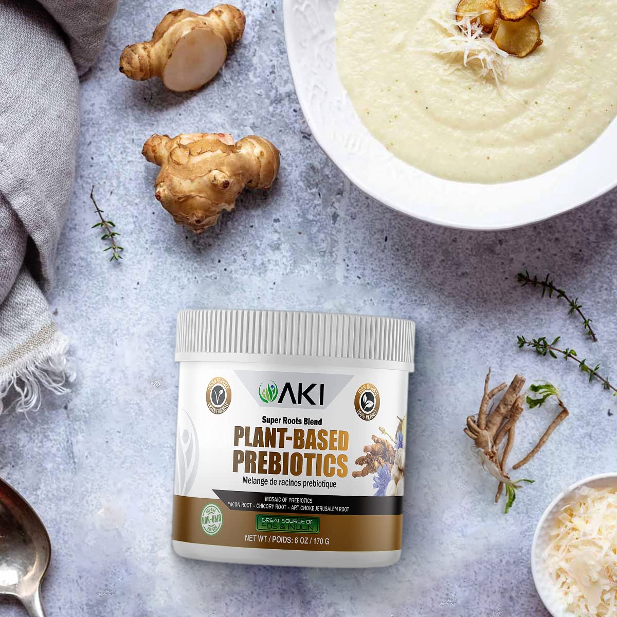 AKI ORGANIC Plant-Based Prebiotic Powder - FOS & Inulin Source & Gluten-Free, 6 oz