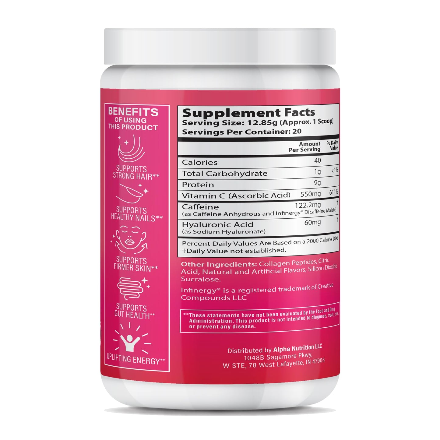 ABOUT YOUR COLLAGEN Peptide Energy Collagen Powder Hair, Nail, Skin, Type I & III, Caffeine for Energy, Vitamin C, Biotin, Hyaluronic Acid, Zero Sugar, 8.92 oz