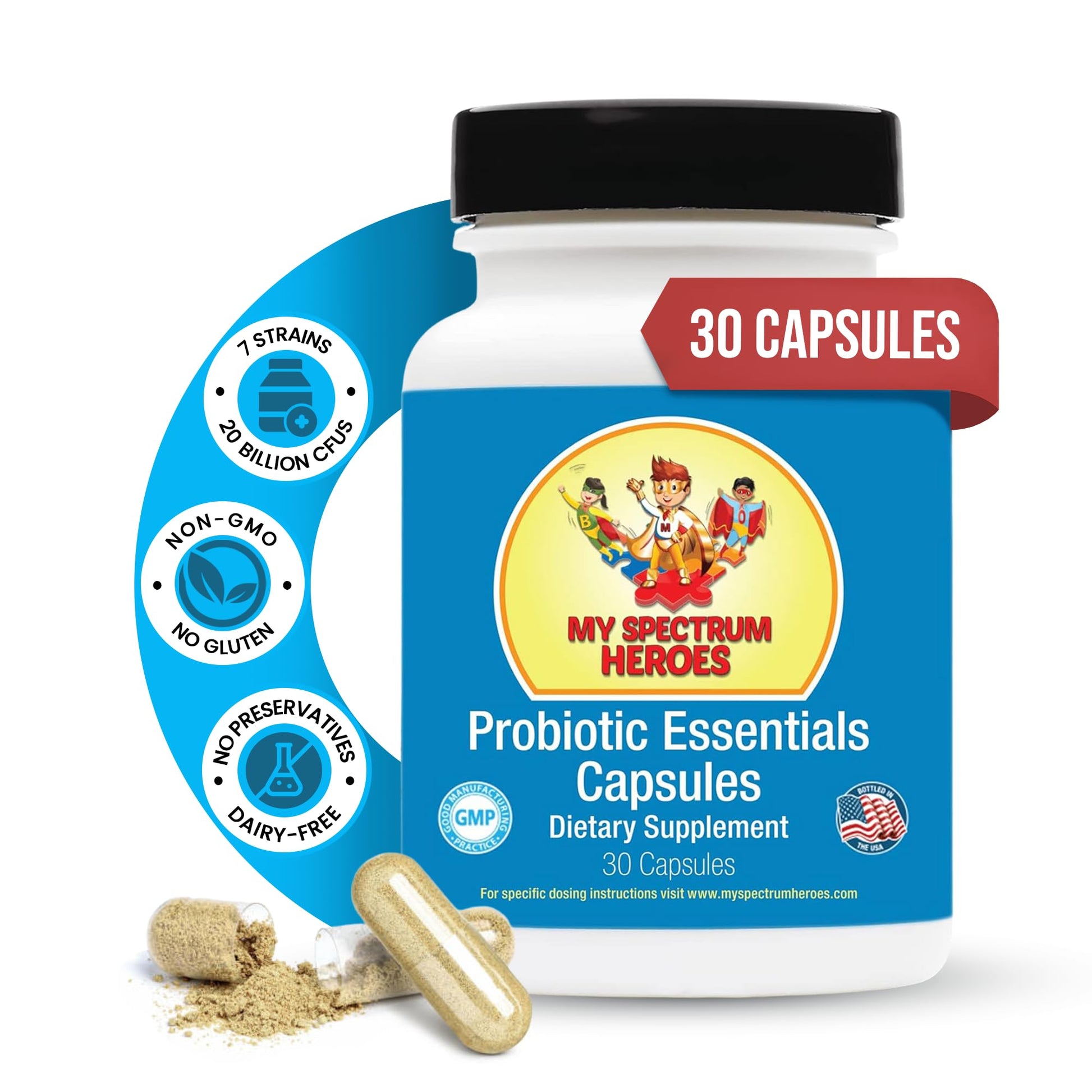 My Spectrum Heroes Probiotic Capsules for Digestive Health with 20 Billion CFUs, Diverse Strains, 30 Capsules