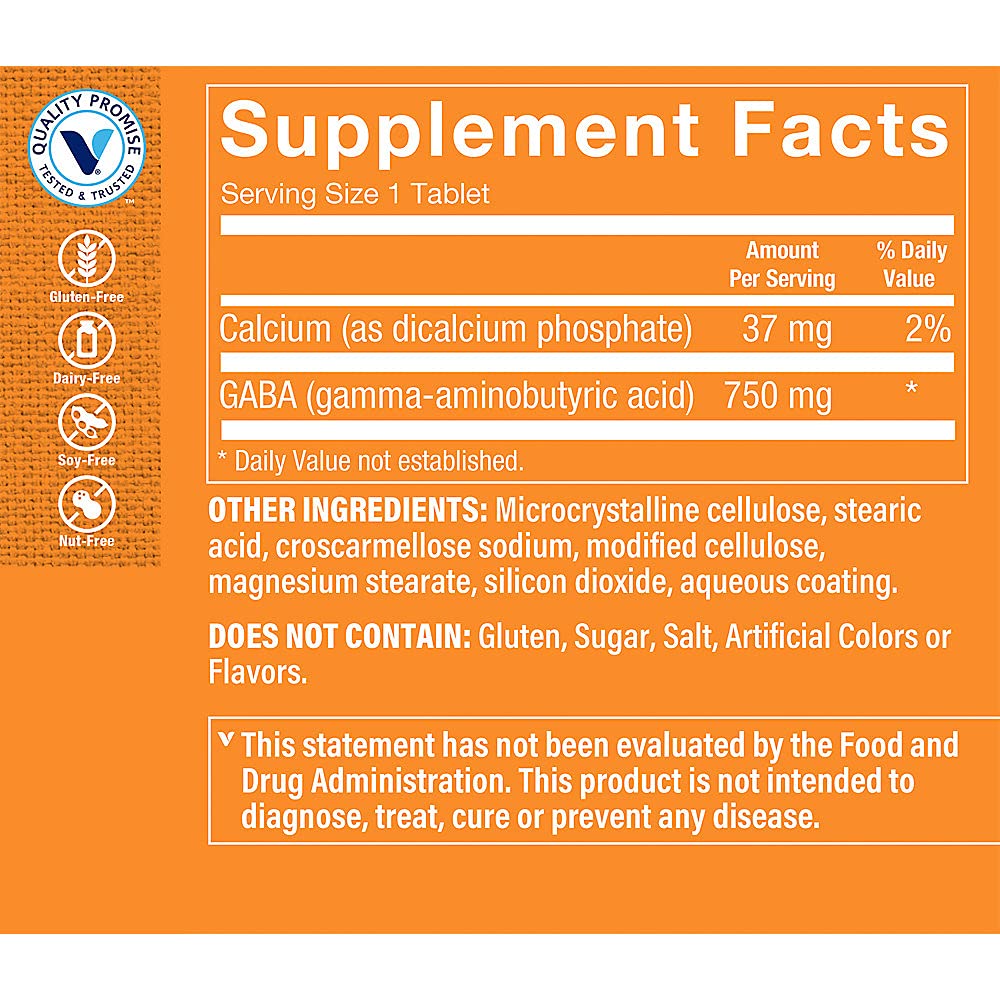 The Vitamin Shoppe GABA 750MG (Gamma-Aminobutyric Acid) Tablet, 90 Tablets