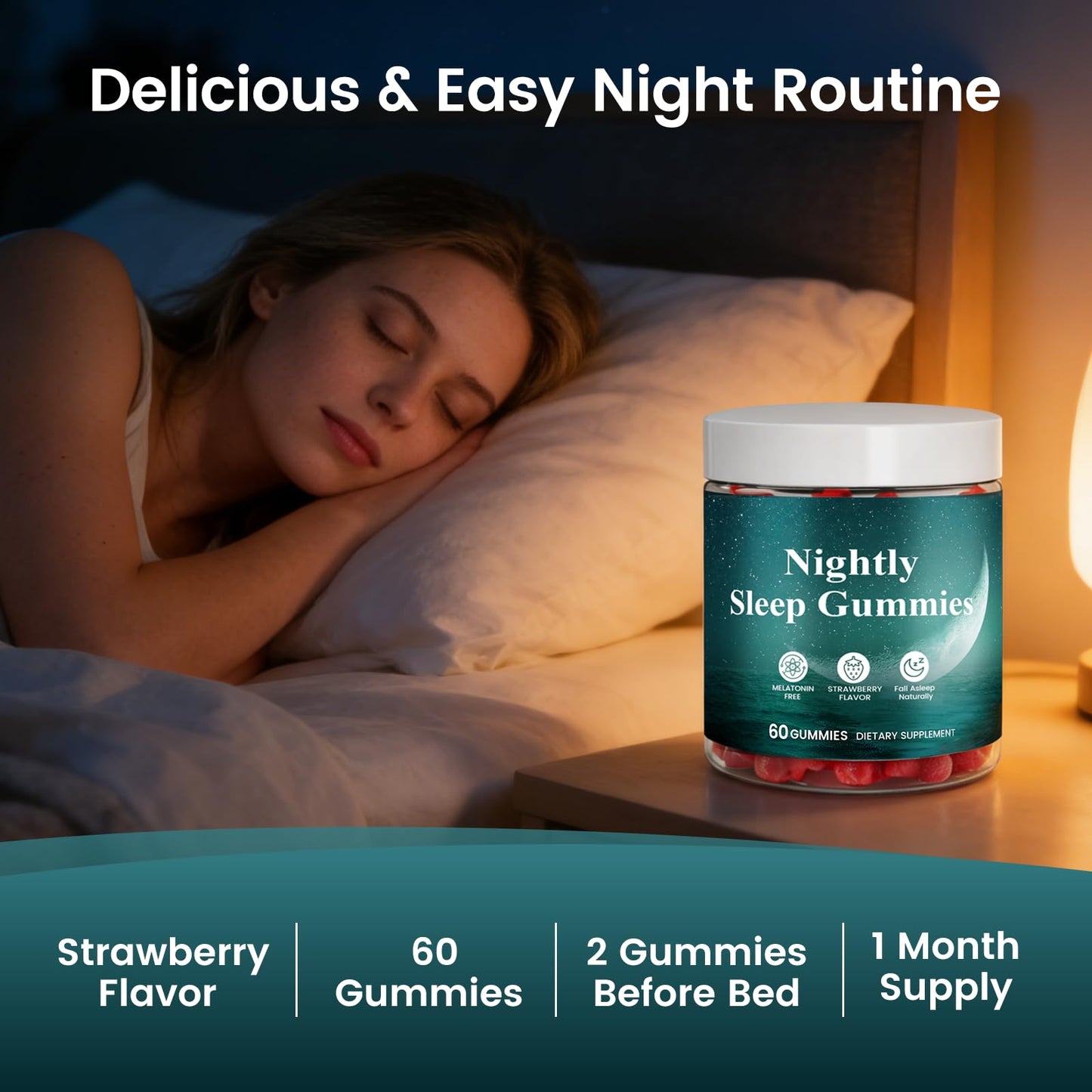 TOGOLIUN Nightly Sleep Gummies for Adults, No Melatonin, with Magnesium, L-Theanine, GABA, and Glycine, Calm Mind & Restful Sleep Support, Strawberry Flavor, 60 Gummies