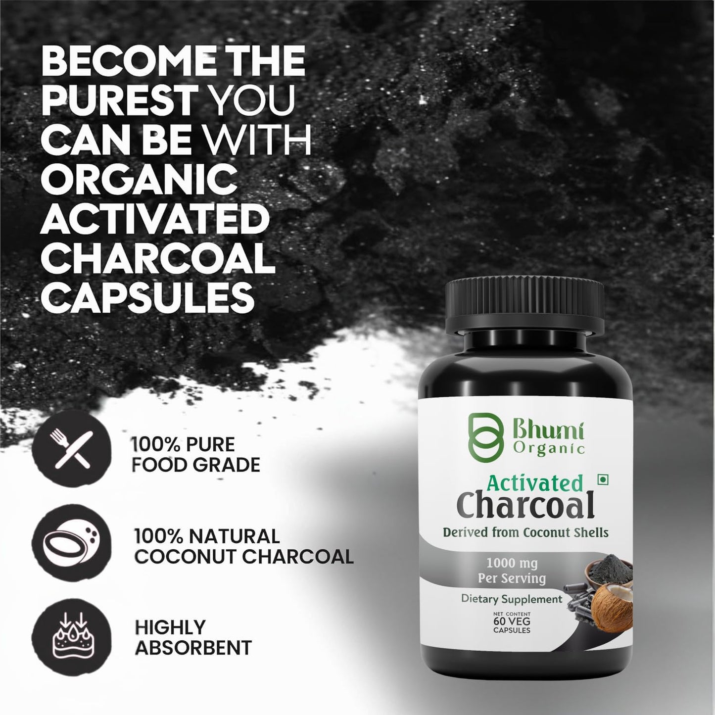 Bhumi Organic Coconut Based Activated Charcoal 500 mg Capsule 60 Count