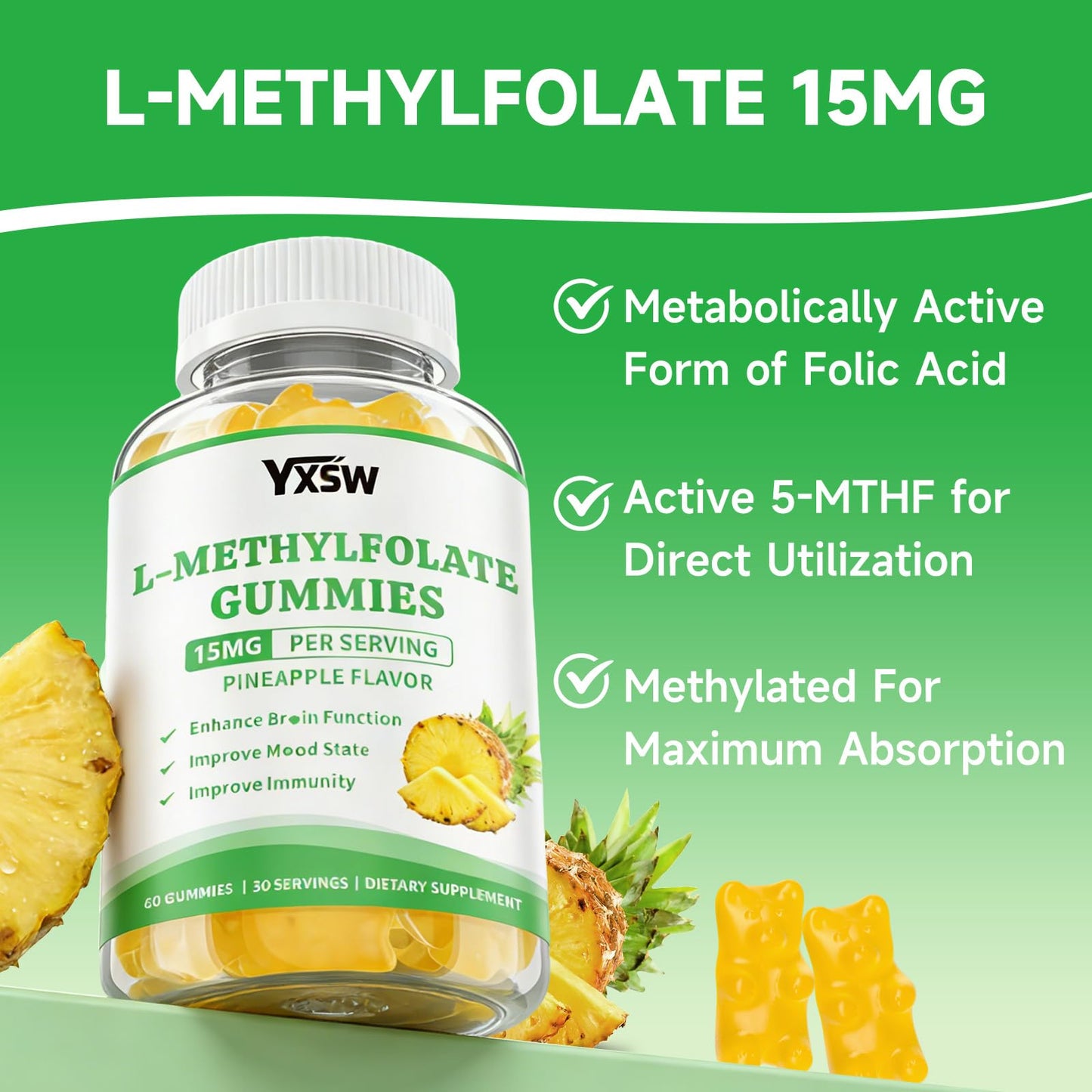 YXSW L-Methylfolate Gummies 15mg, 120 Count