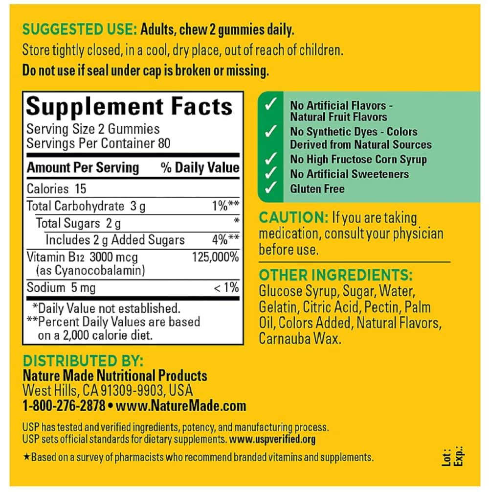 Nature Made B12 Gummies Extra Strength 3000 mcg per 2 Gummies, 160 Count