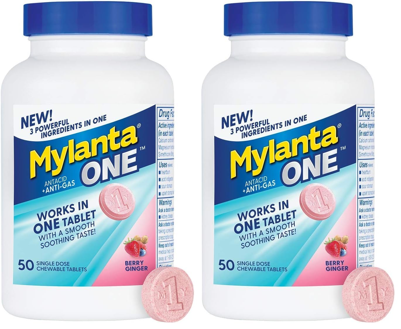 Mylanta One Single Dose Chewable Antacid/Antigas Tablets, Berry Ginger Flavor, Pink, 50 Count (Pack of 2)