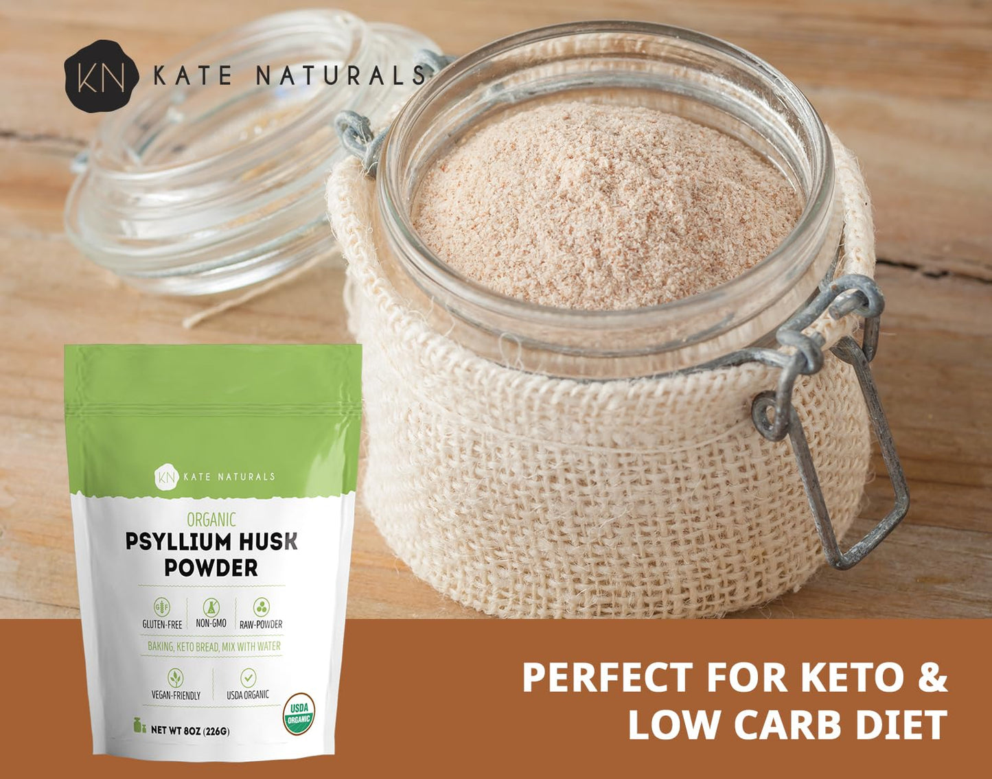 Kate Naturals Psyllium Husk Powder for Fiber and Baking Bread Powder 8 oz