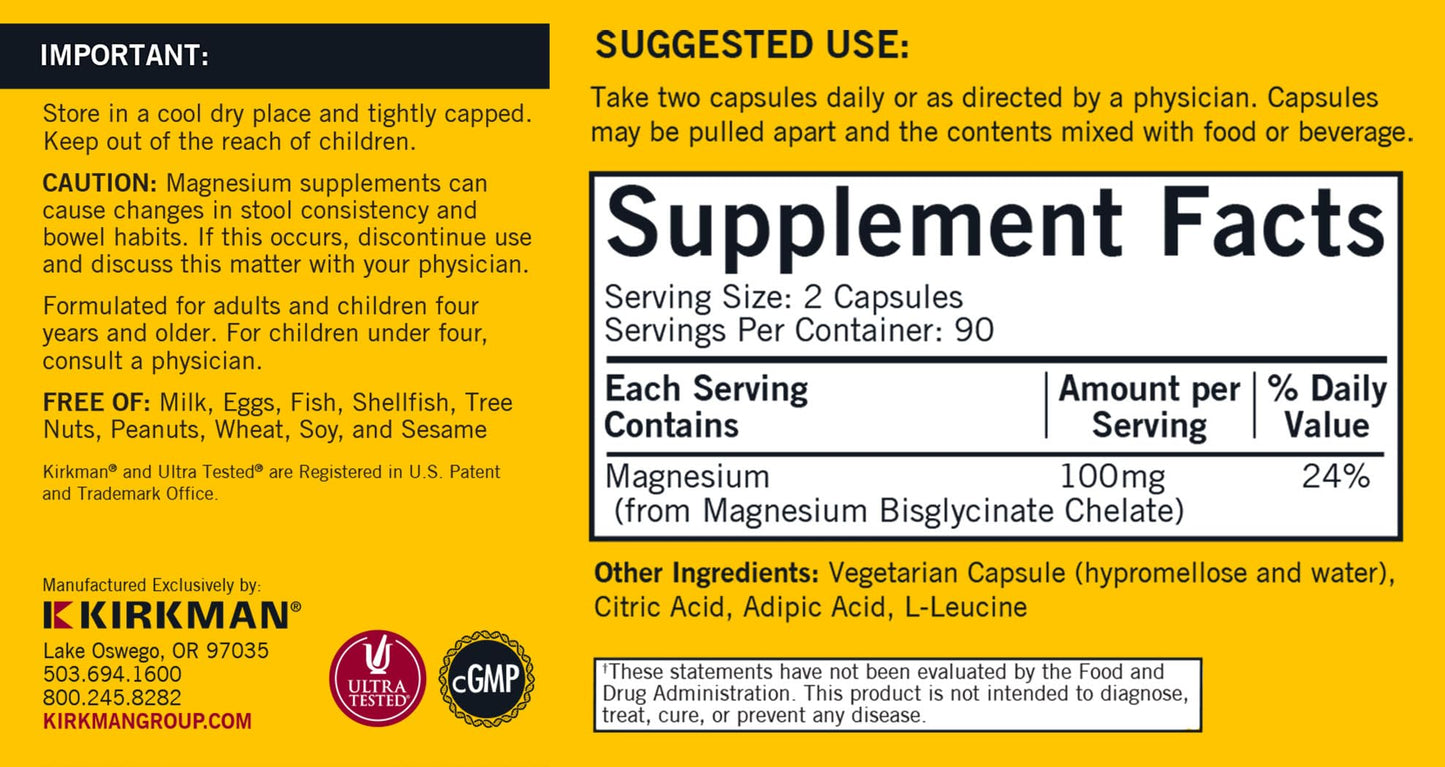 Kirkman Magnesium Glycinate Buffered Chelate Capsules, 180 Count