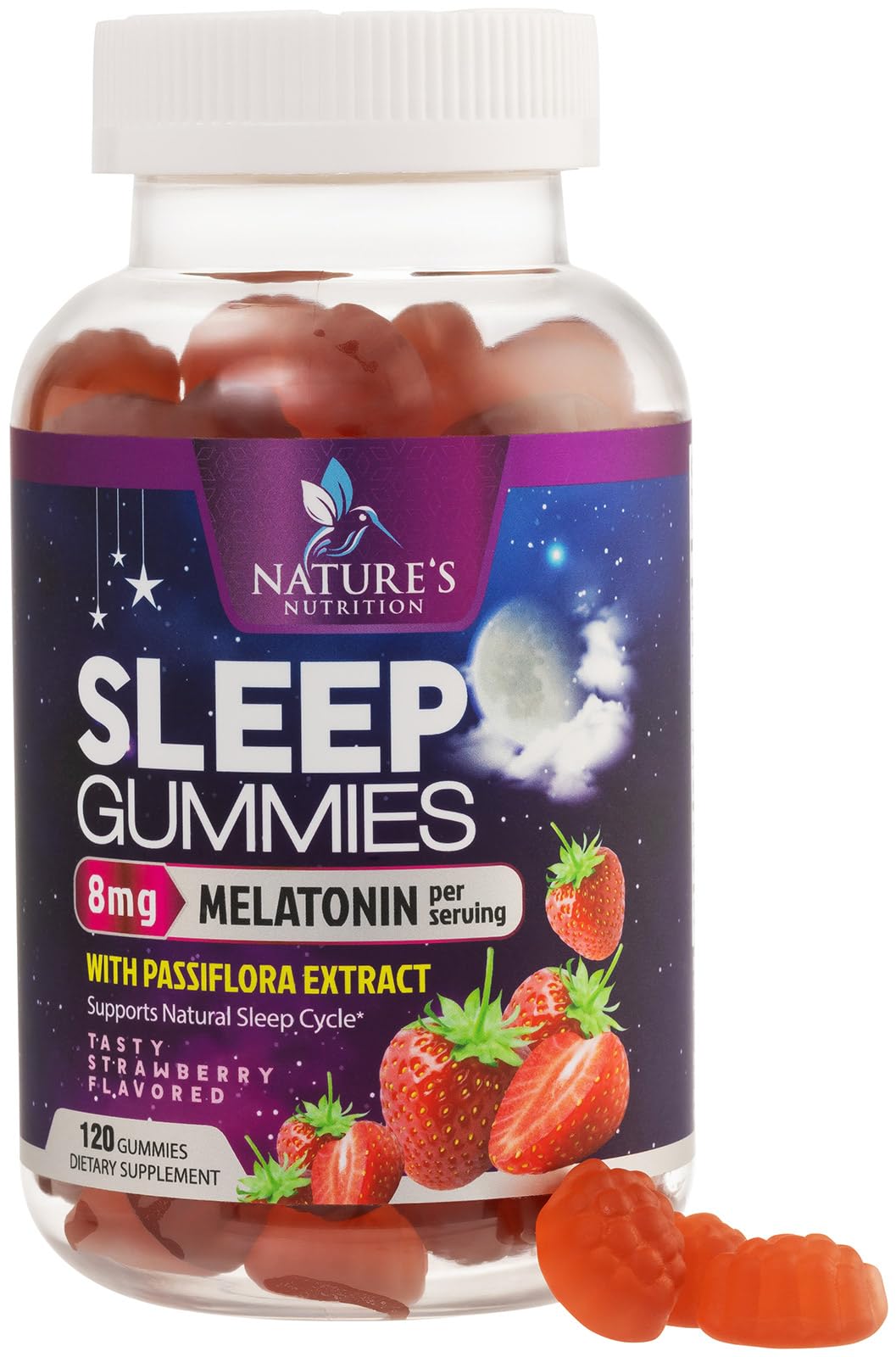 Nature's Nutrition Sleep Gummies 8mg Melatonin per Serving with Passiflora Extract for Restful Sleep, Fast Acting Melatonin Sleep Gummy Supplement for Adults, Vegan, Non-GMO, Strawberry Flavor, 120 Gummies