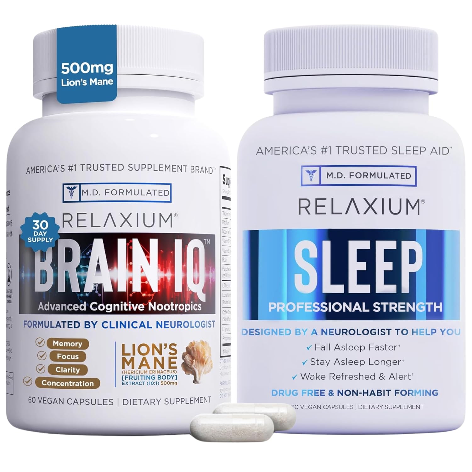 Relaxium Sleep Aid & BrainIQ Nootropic Brain Supplements Bundle, 60 Capsules Each