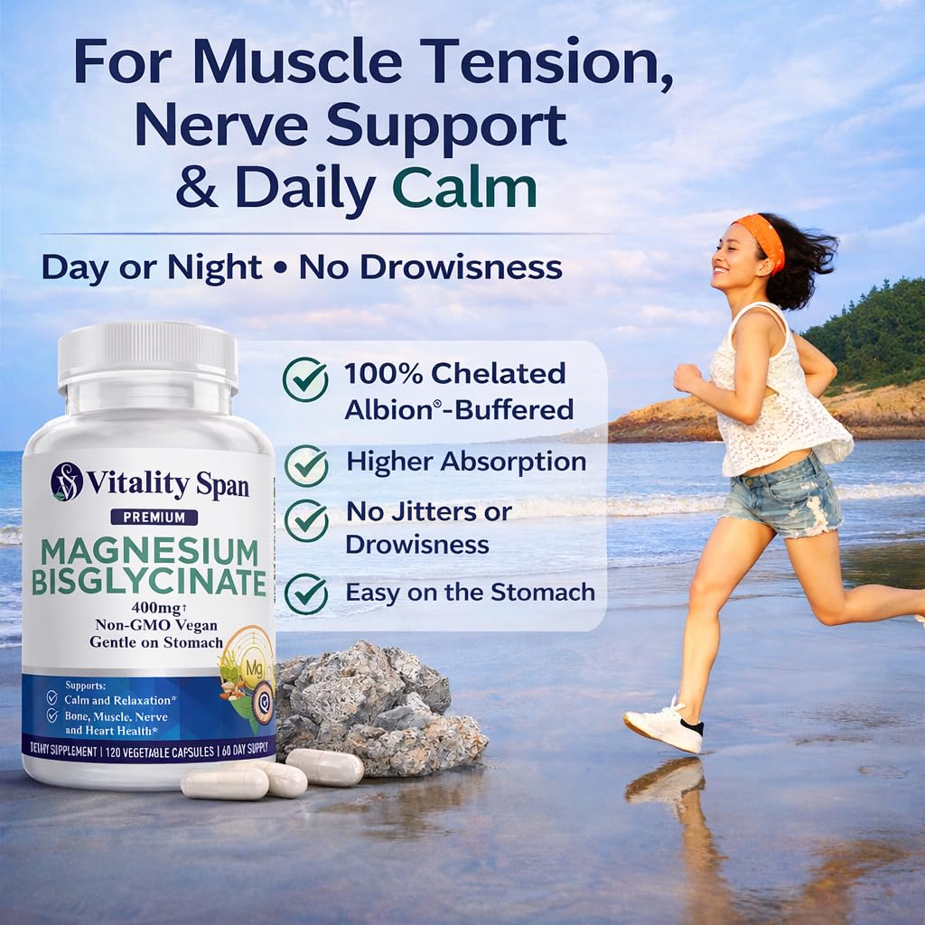 Vitality Span Magnesium Glycinate 400mg Capsules, 120 Count
