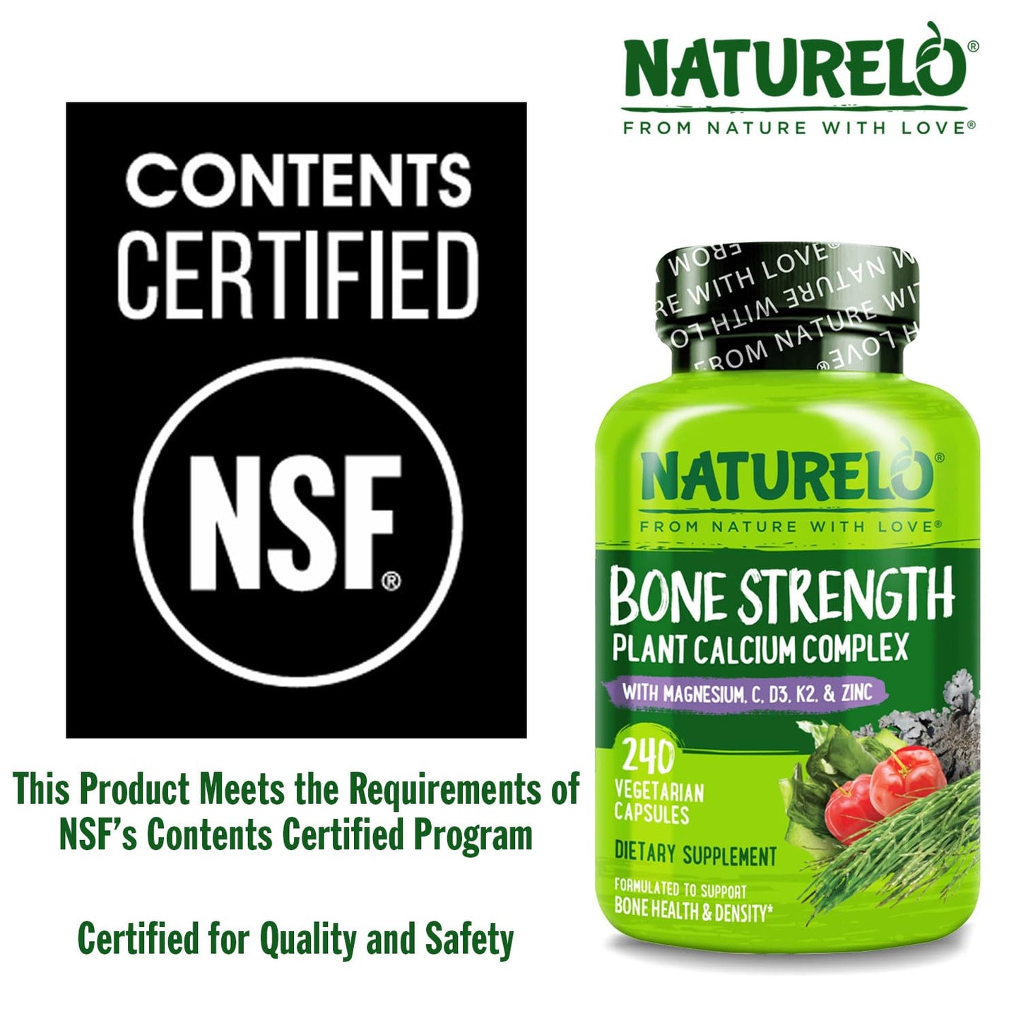 NATURELO Calcium Supplement with Vitamin D3 600mg, 240 Capsules