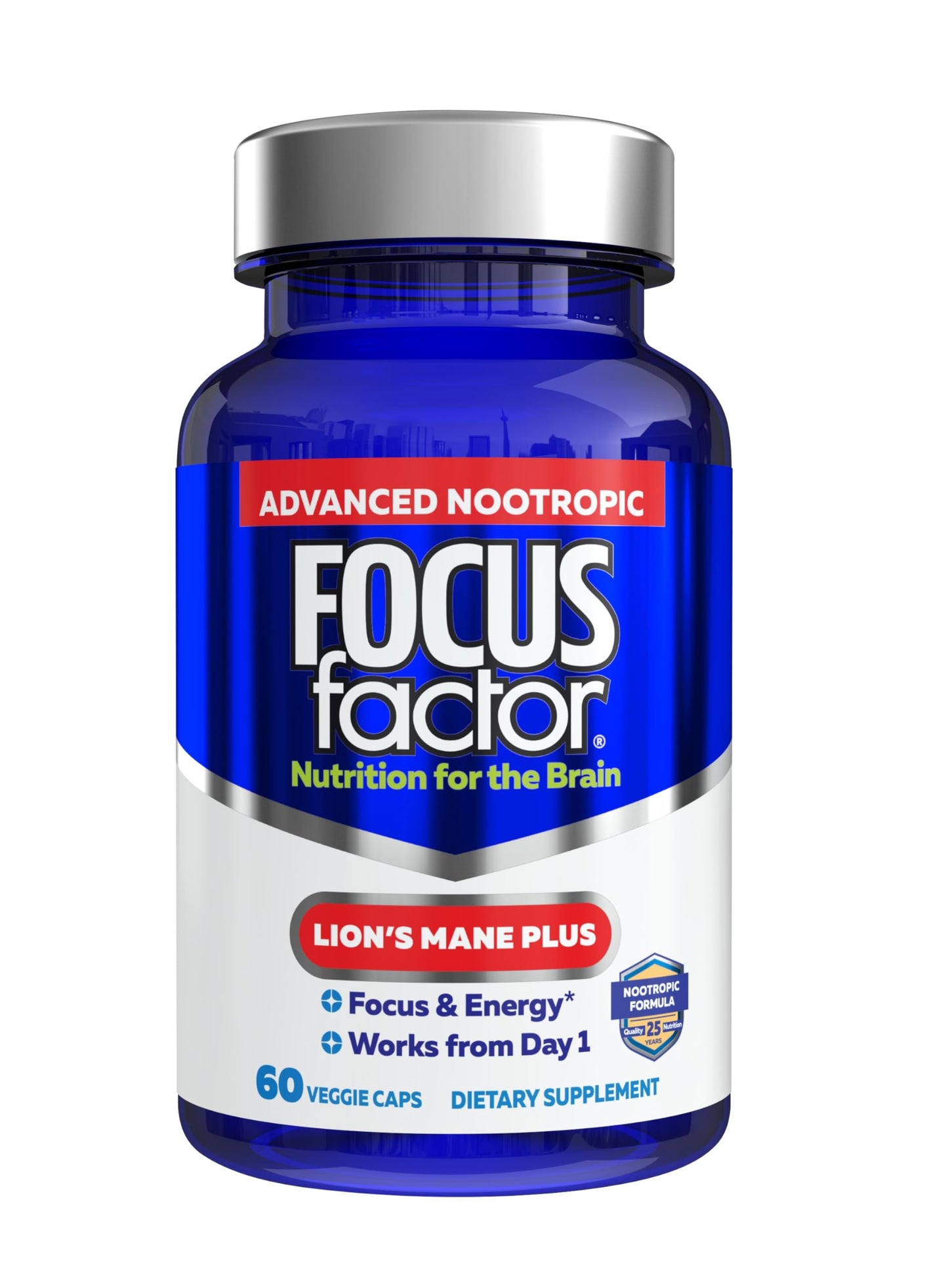 Focus Factor Lions Mane Plus, Advanced Nootropic with L-Theanine, Caffeine, Focus and Energy Capsules 60 Count