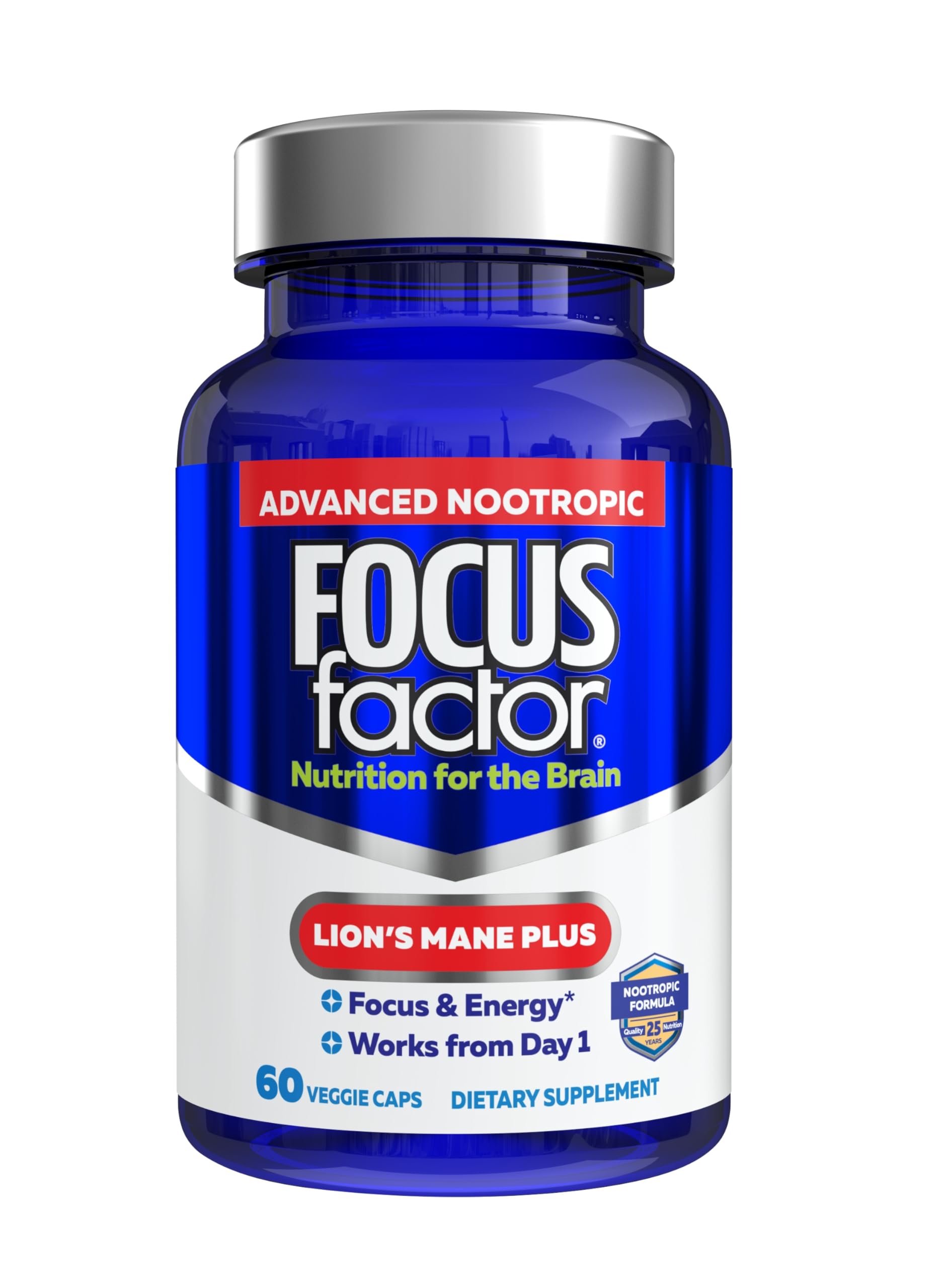 Focus Factor Lions Mane Plus, Advanced Nootropic with L-Theanine, Caffeine, Focus and Energy Capsules 60 Count