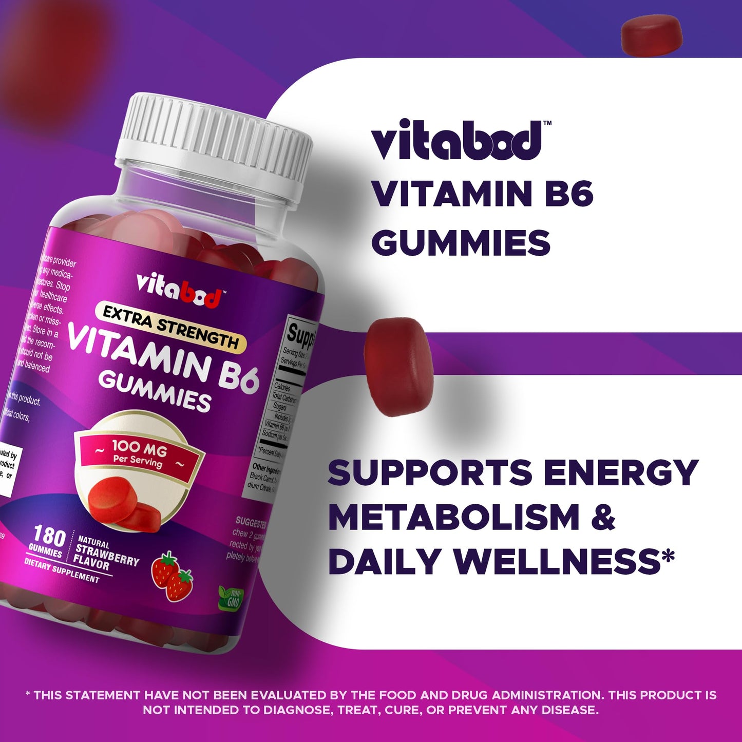 Vitabod Extra Strength Vitamin B6 Gummies 100mg, 180 Count