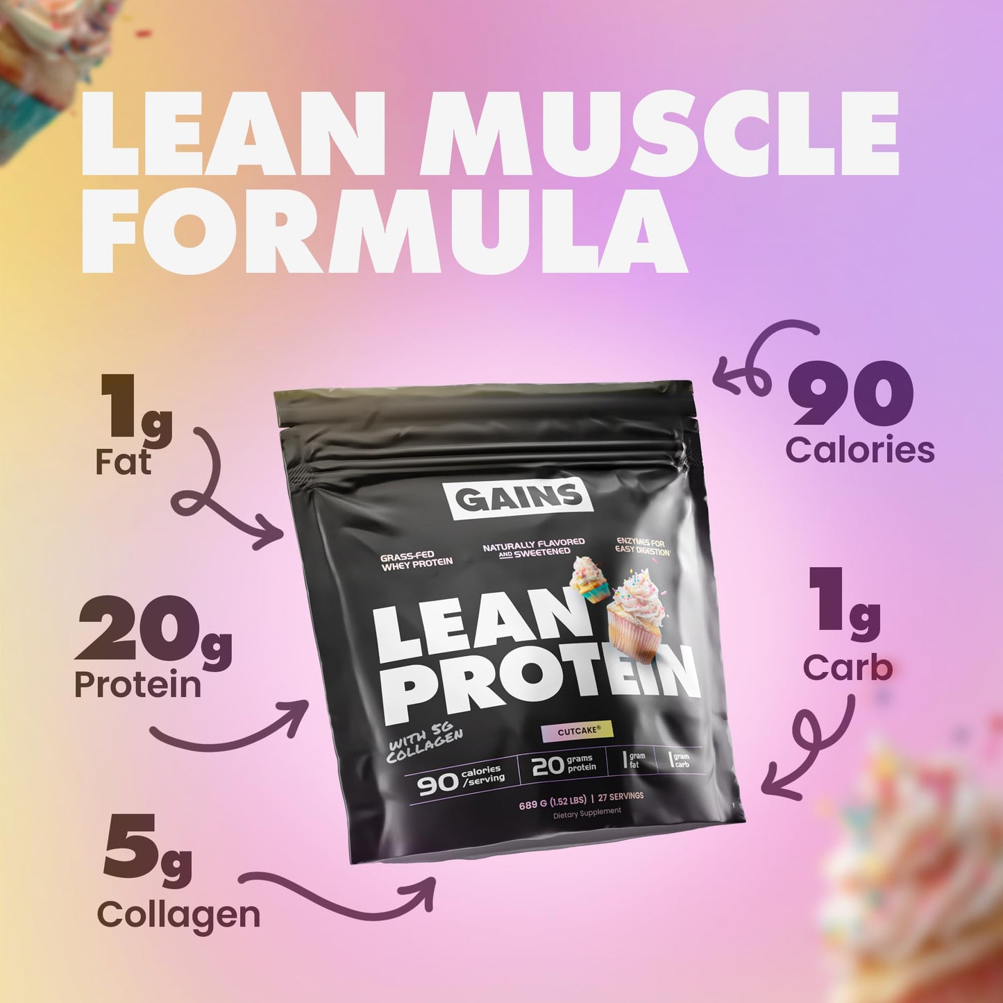 Gains in Bulk Lean Grass Fed Whey Protein Powder with Collagen Peptides, Gluten Free, 20G Protein & 5G Collagen, Cutcake Flavor, 27 Servings