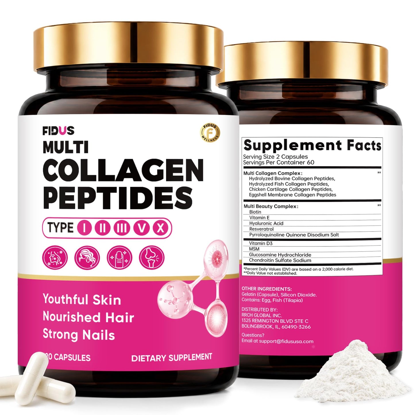 Fidus Multi Collagen Peptides Capsules with MSM, Biotin 10000mcg & Hyaluronic Acid, Hydrolyzed Collagen Types I, II, III, V & X, Skin Hair Nails Support, 120 Capsules