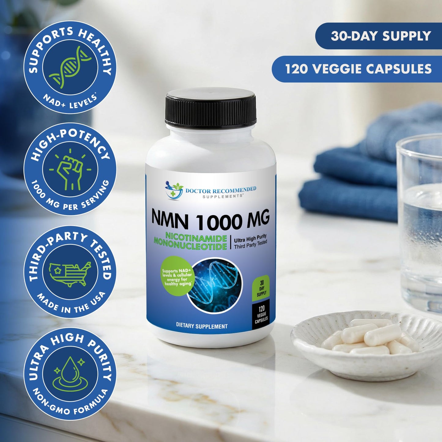 DOCTOR RECOMMENDED SUPPLEMENTS NMN 1000mg Nicotinamide Mononucleotide, 120 Veggie Capsules