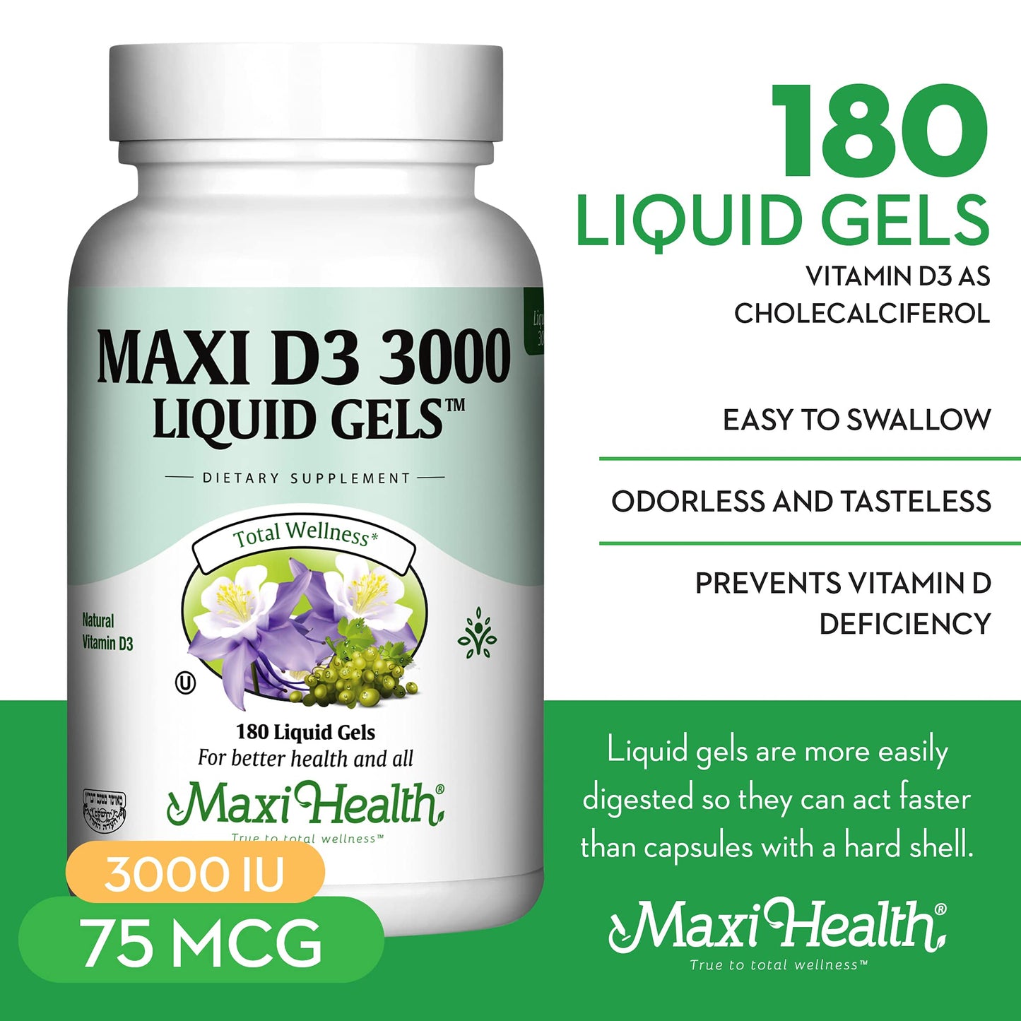 Maxi Health Vitamin D3 3000 IU (75 mcg) Vitamin D Supplement Softgels, 180 Count