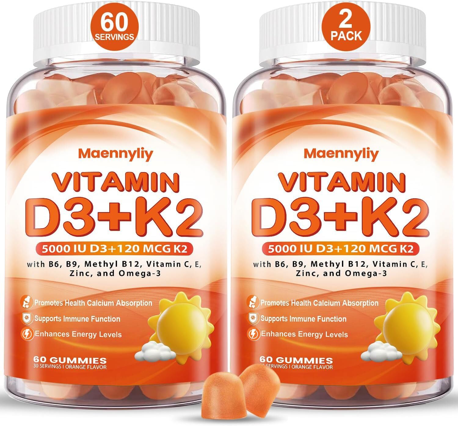 Maennyliy Vitamin D3 K2 Gummies for Adults D3 5000IU + K2 (MK-7) 120mcg, 120 Gummies