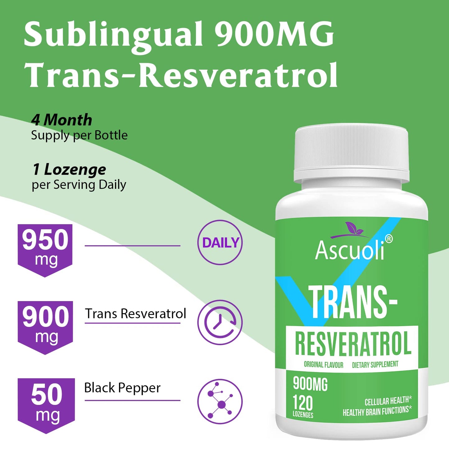 Ascuoli Trans-Resveratrol Purity 99%, 3-in-1 Advanced Formula Resveratrol Supplement for NAD+, Immune & Energy Support, Anti-Aging, Skin Health & Antioxidant Tablet, 240 Count