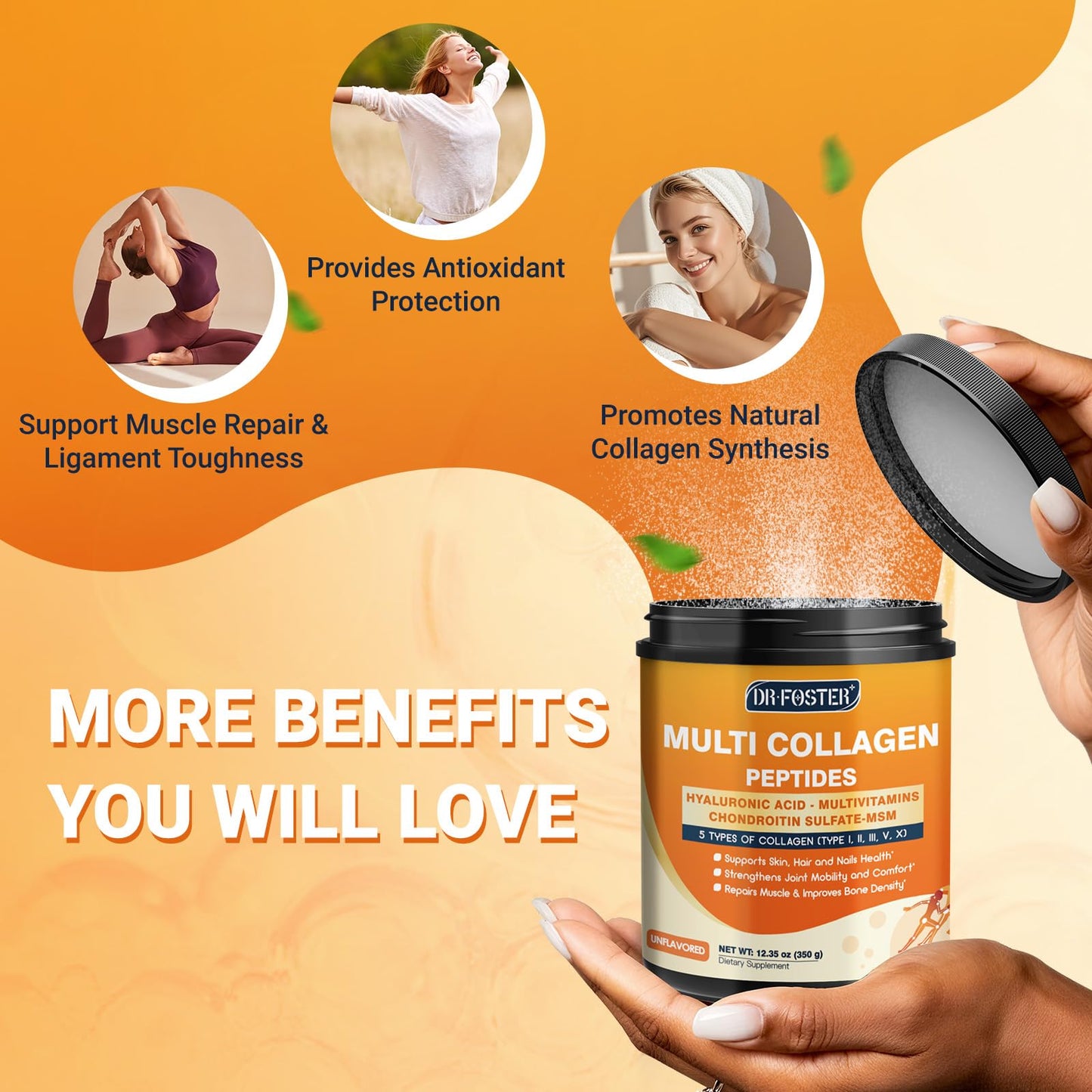 DRFOSTER Multi Collagen Peptides Powder for Women with MSM + CS & D3 - Type I, II, III, V, X Hydrolyzed Collagen with Vitamin C & Hyaluronic Acid for Skin, Hair, Nails & Joints, Non-GMO, 12.35 Ounce