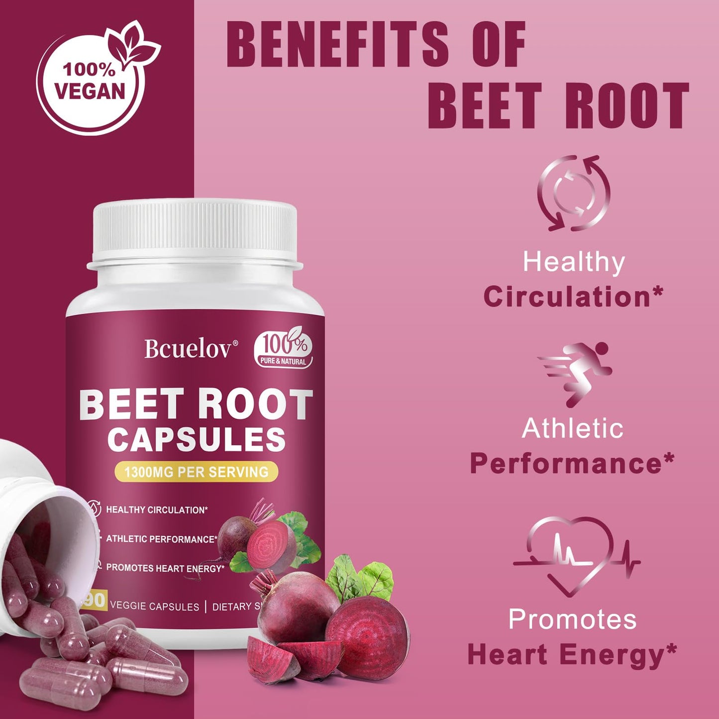 Bcuelov Beet Root Capsules 1300mg Pure Beetroot Powder - 90 Capsules