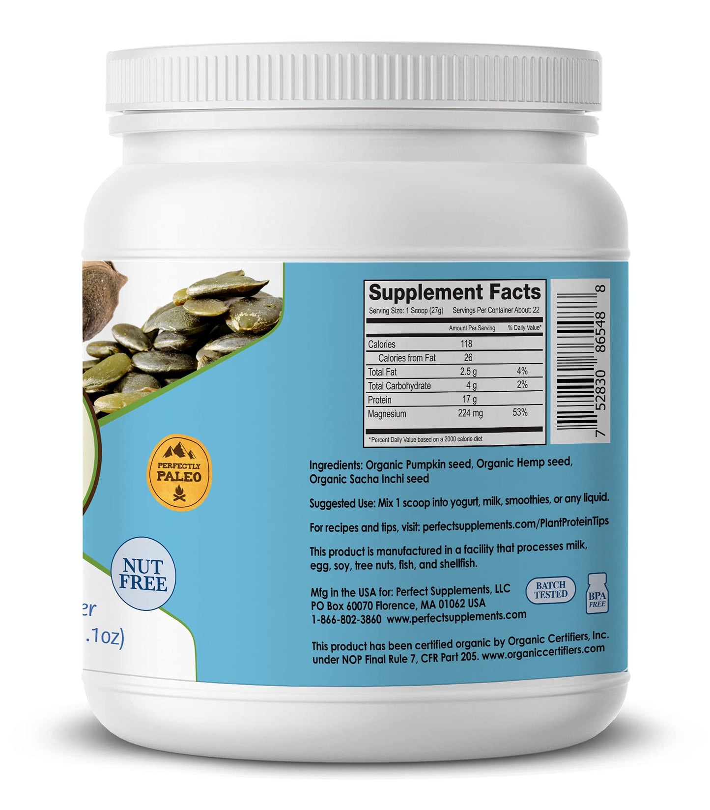 Perfect Supplements Perfect Plant Protein Powder, Pumpkin Seed, Hemp Seed & Sacha Inchi, 21.1 oz