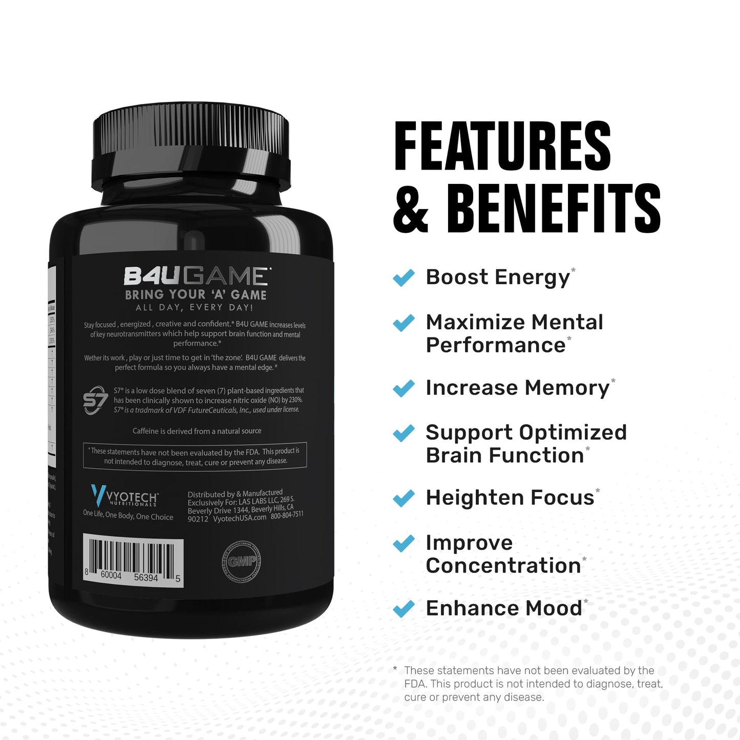 Vyotech Nutritionals B4UGAME Brain Booster Supplement, Max Mental Performance, Nootropic for Focus, Clarity, Memory, Mood, Energy & Concentration, DMAE, L-Tyrosine, Alpha-GPC, S7® Blend, 3rd Party Tested, 60 Capsules